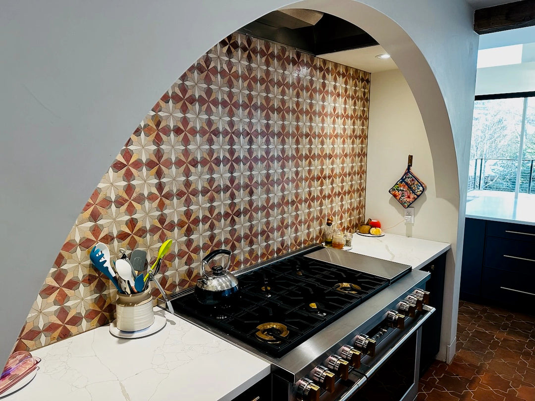 pink tile backsplash
