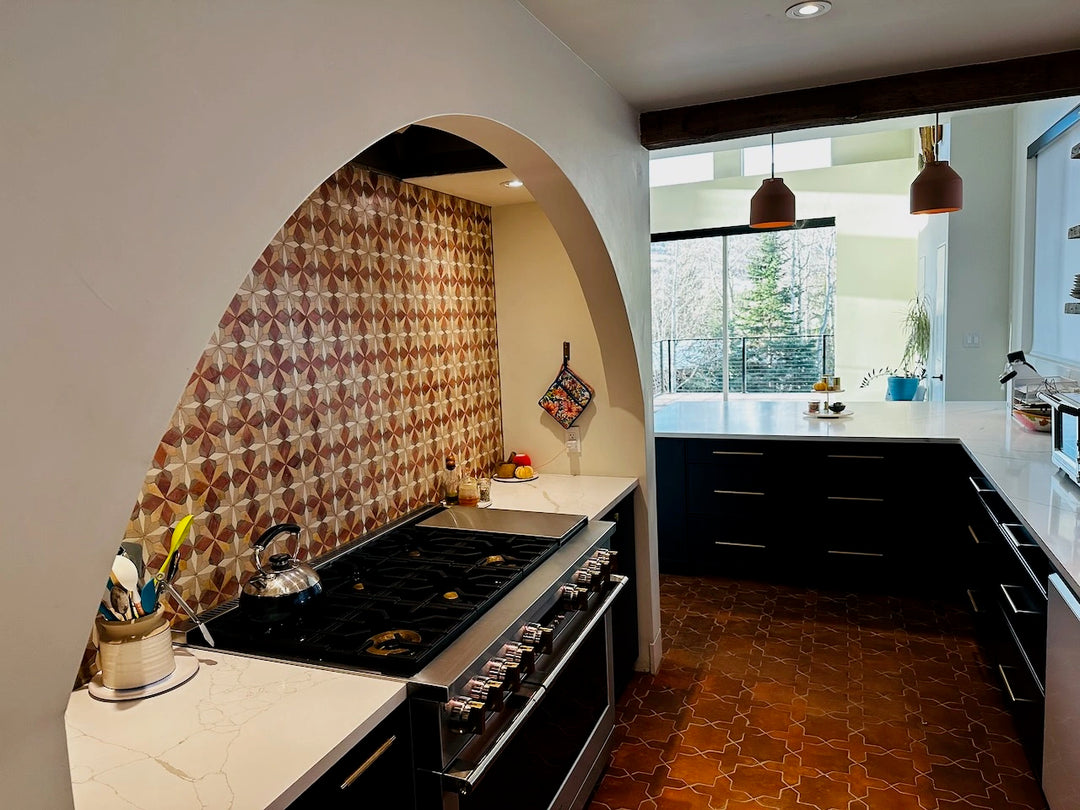 pink tile backsplash in kitchen