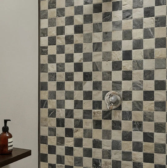 2x2 Silver Gray and Ivory White Checkerboard Limestone Mosaic Tile