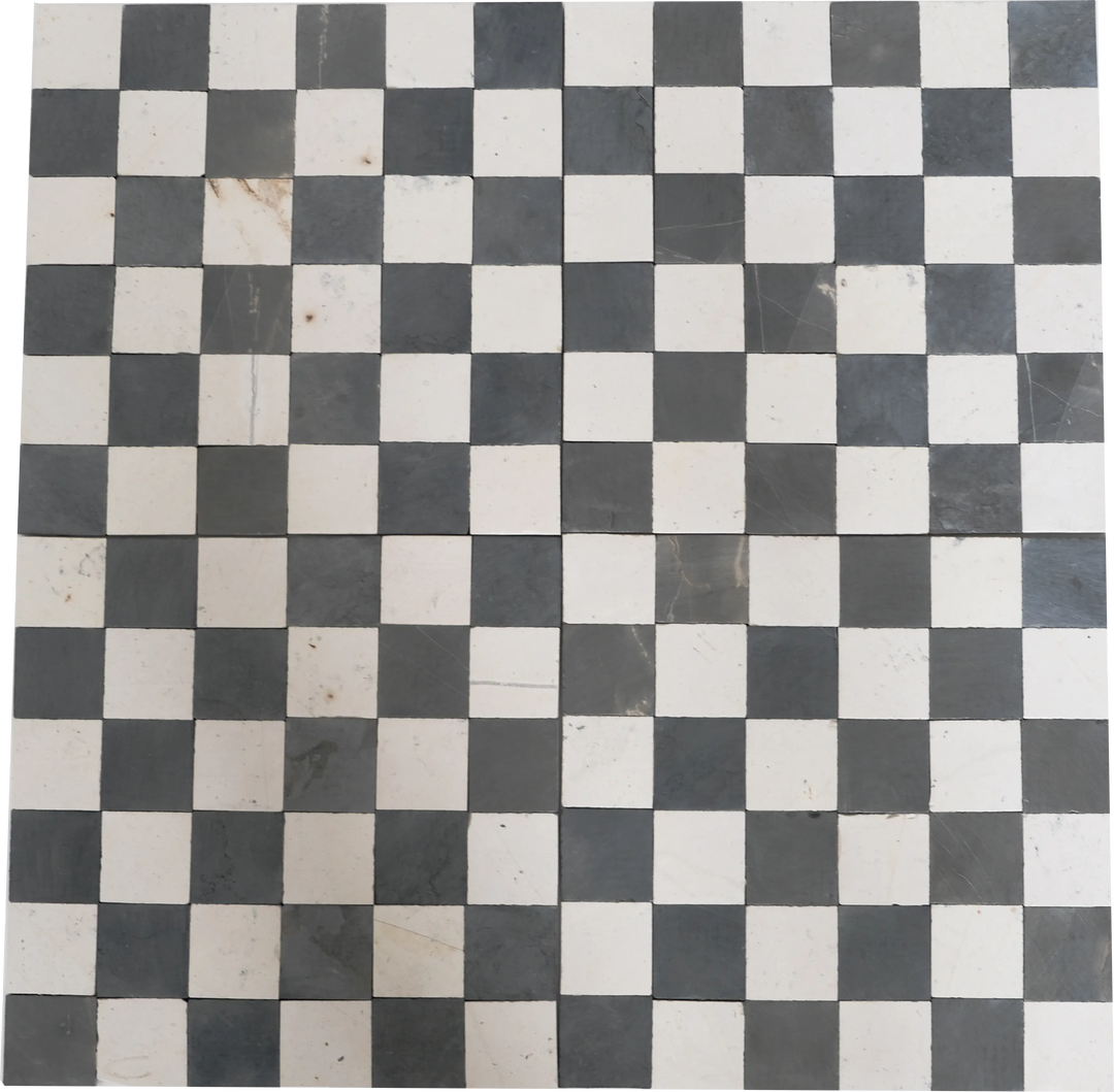 2x2 Silver Black and Ivory White Checkerboard Limestone Mosaic Tile