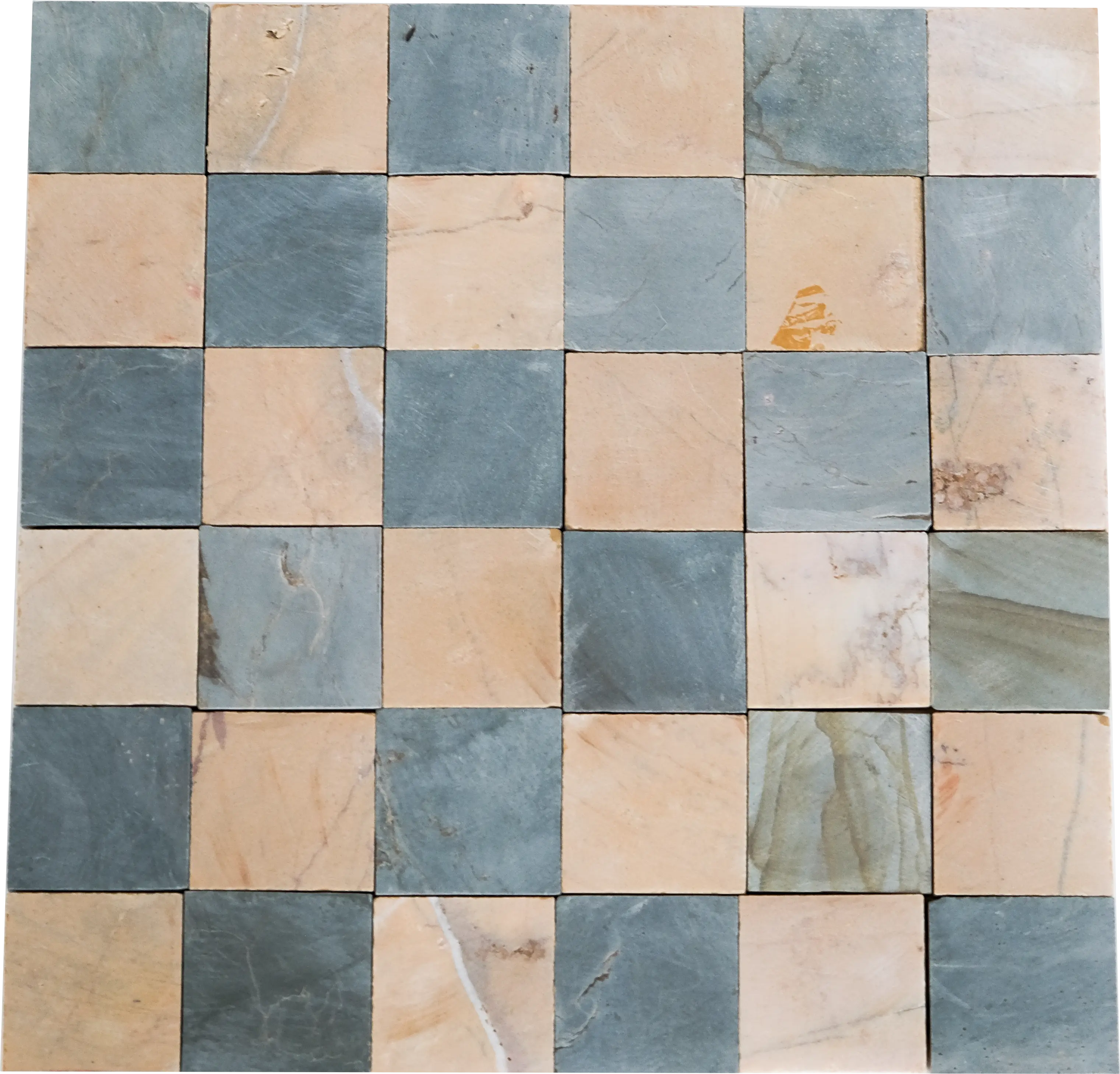 2x2 Teal Blue and Hazy Yellow Checkerboard Limestone Mosaic Tile