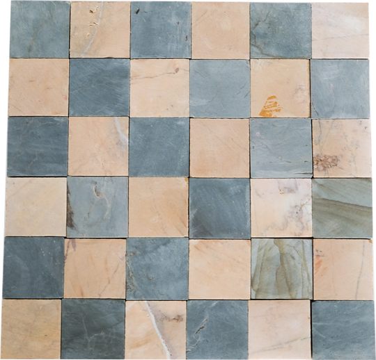 2x2 Teal Blue and Hazy Yellow Checkerboard Limestone Mosaic Tile