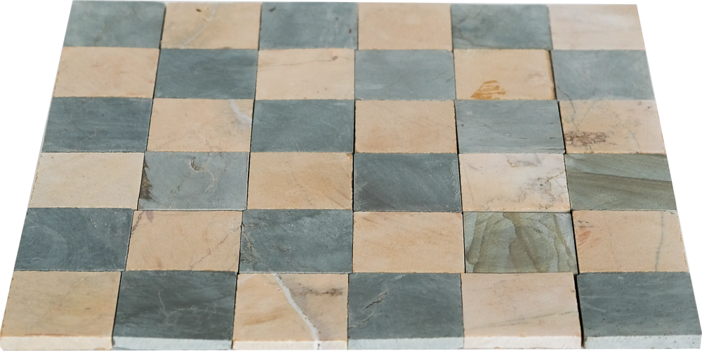2x2 Teal Blue and Hazy Yellow Checkerboard Limestone Mosaic Tile