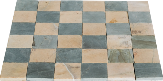 2x2 Teal Blue and Hazy Yellow Checkerboard Limestone Mosaic Tile