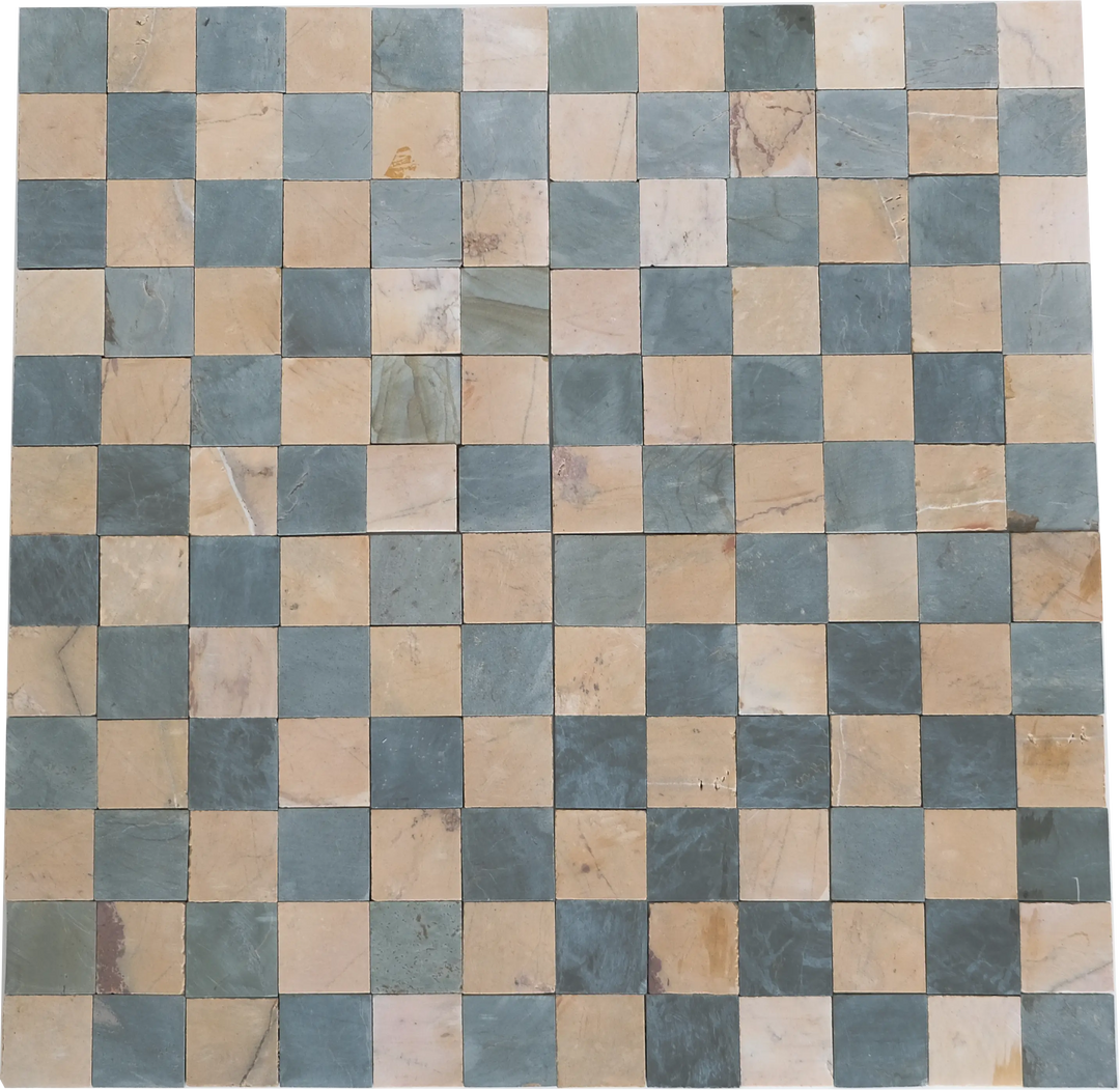 2x2 Teal Blue and Hazy Yellow Checkerboard Limestone Mosaic Tile