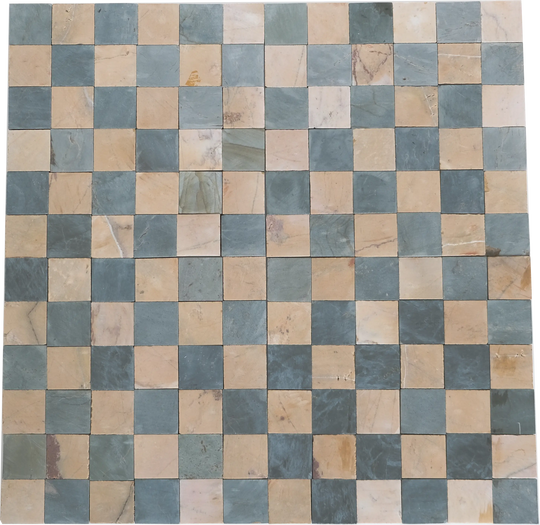 2x2 Teal Blue and Hazy Yellow Checkerboard Limestone Mosaic Tile