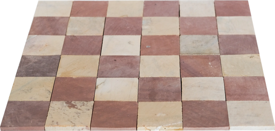 dusty rose and hazy yellow checkered mosaic tile angled