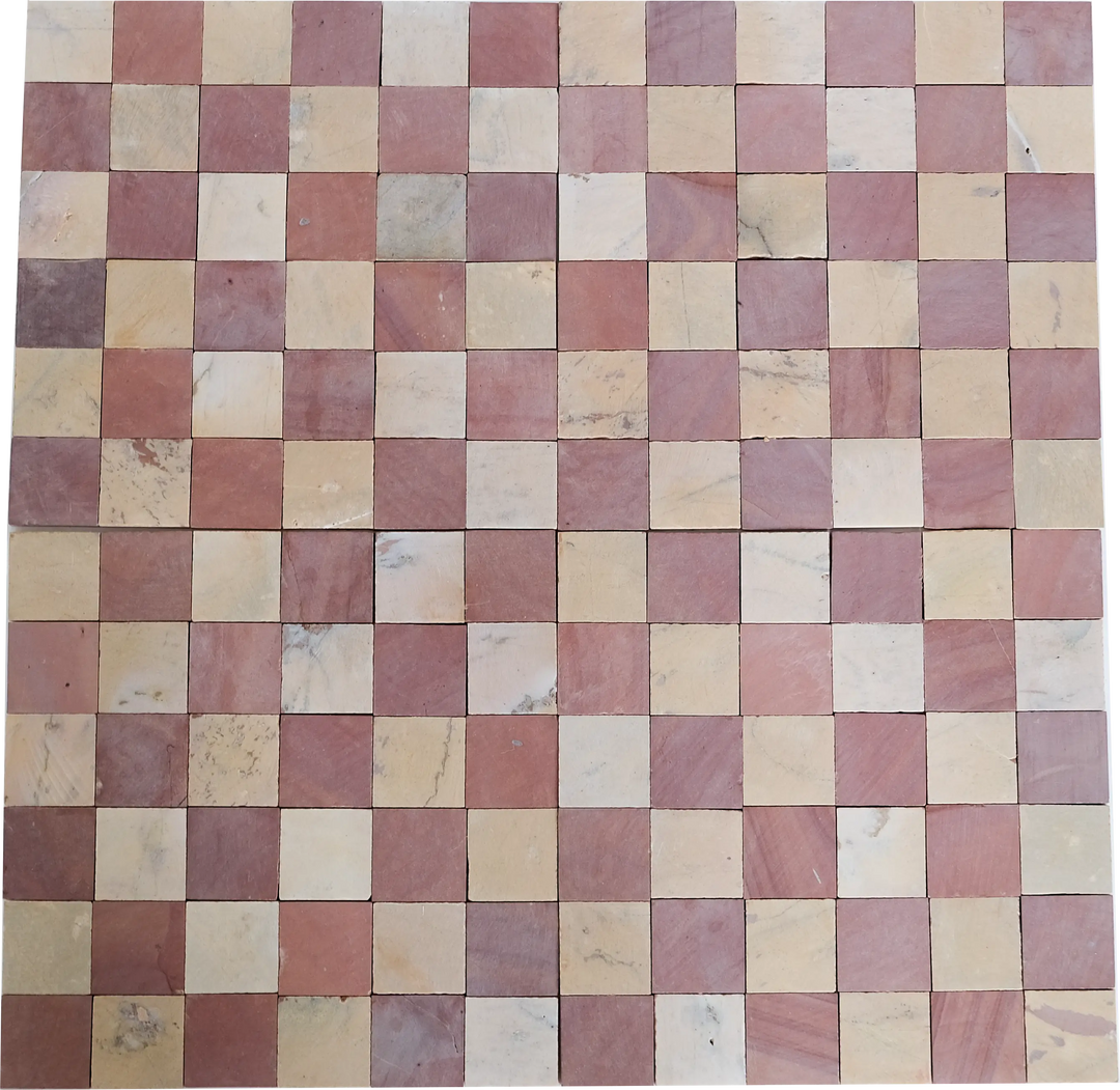 dusty rose and hazy yellow checkered mosaic tile floors