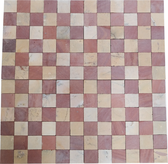 dusty rose and hazy yellow checkered mosaic tile floors