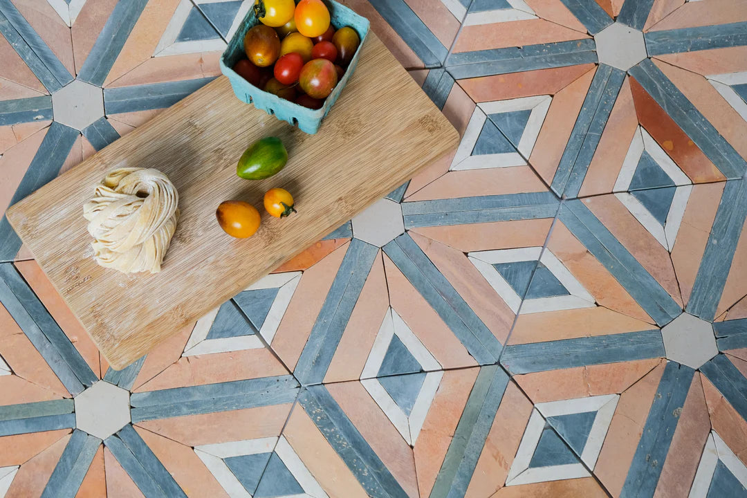Sunset Orange/Terracotta and Teal Blue Diamond Limestone Mosaic Tile - Barcelona Pattern