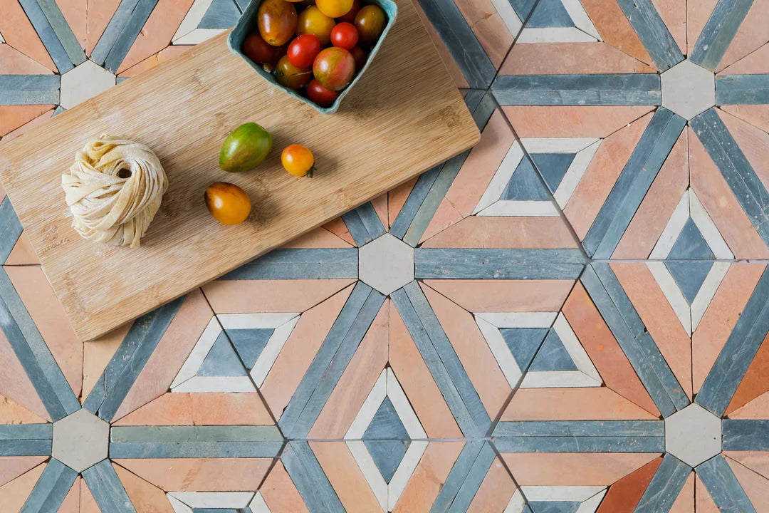 Sunset Orange/Terracotta and Teal Blue Diamond Limestone Mosaic Tile - Barcelona Pattern