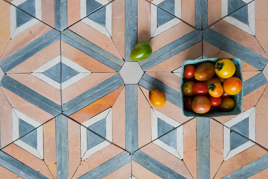 Sunset Orange/Terracotta and Teal Blue Diamond Limestone Mosaic Tile - Barcelona Pattern