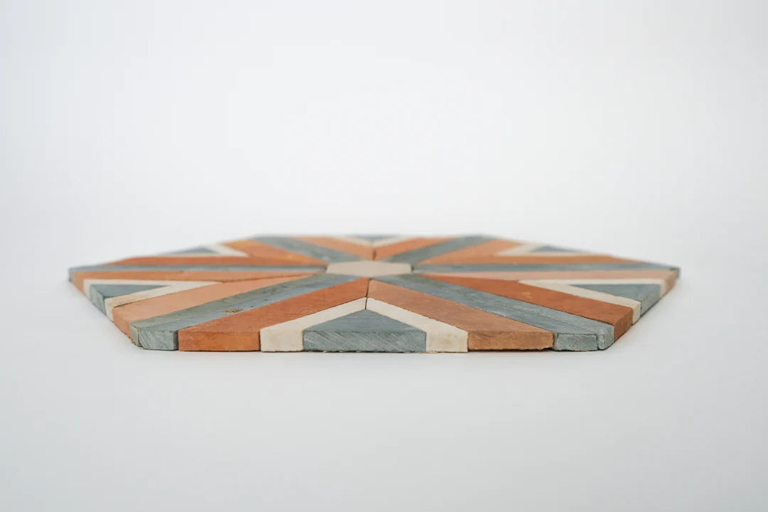 Sunset Orange/Terracotta and Teal Blue Diamond Limestone Mosaic Tile - Barcelona Pattern