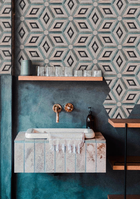 Shadow White & Teal Blue Large Diamond Limestone Mosaic Tile - Barcelona Pattern