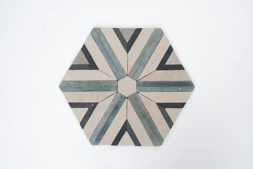 Shadow White & Teal Blue Large Diamond Limestone Mosaic Tile - Barcelona Pattern