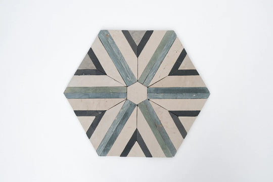 Shadow White & Teal Blue Large Diamond Limestone Mosaic Tile - Barcelona Pattern
