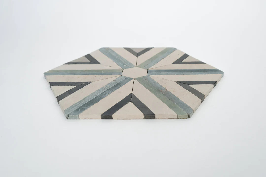 Shadow White & Teal Blue Large Diamond Limestone Mosaic Tile - Barcelona Pattern