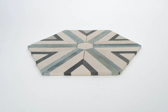 Shadow White & Teal Blue Large Diamond Limestone Mosaic Tile - Barcelona Pattern