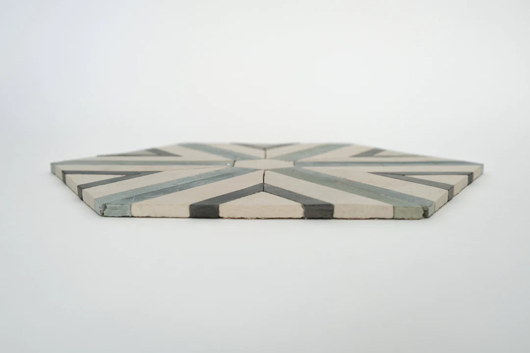 Shadow White & Teal Blue Large Diamond Limestone Mosaic Tile - Barcelona Pattern