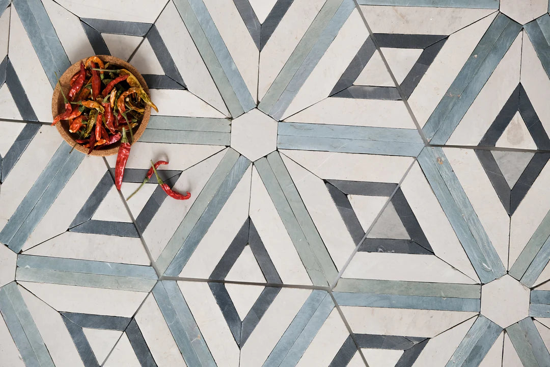 Shadow White & Teal Blue Large Diamond Limestone Mosaic Tile - Barcelona Pattern