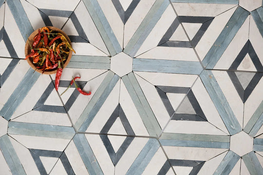 Shadow White & Teal Blue Large Diamond Limestone Mosaic Tile - Barcelona Pattern