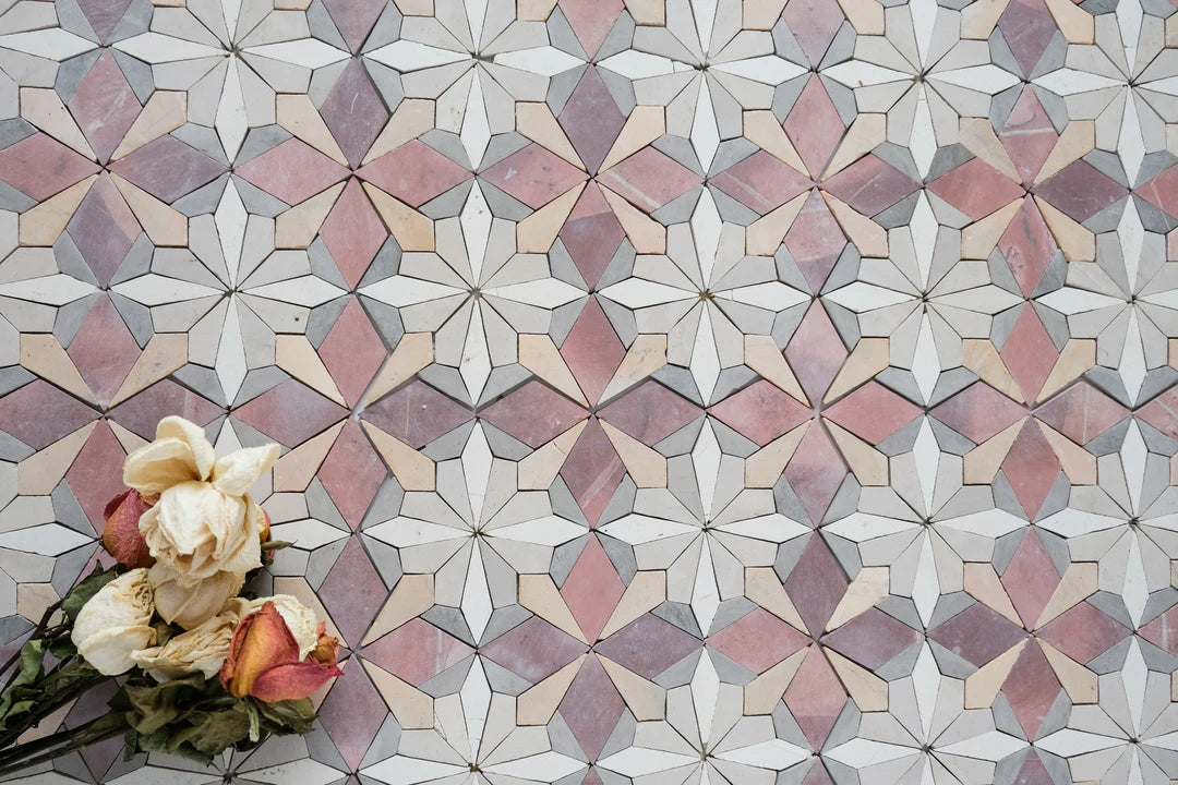Dusty Rose Flower Limestone Mosaic Tile - Florence Pattern