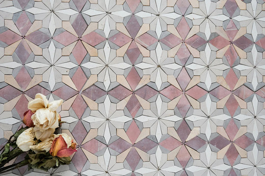 Dusty Rose Flower Limestone Mosaic Tile - Florence Pattern