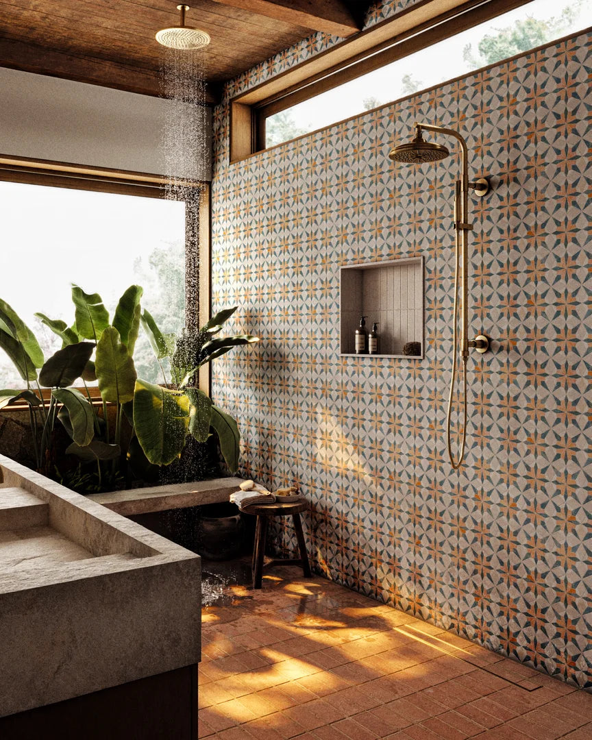 Sunset Orange/Terracotta and Teal Blue Flower Limestone Mosaic Tile - Florence Pattern