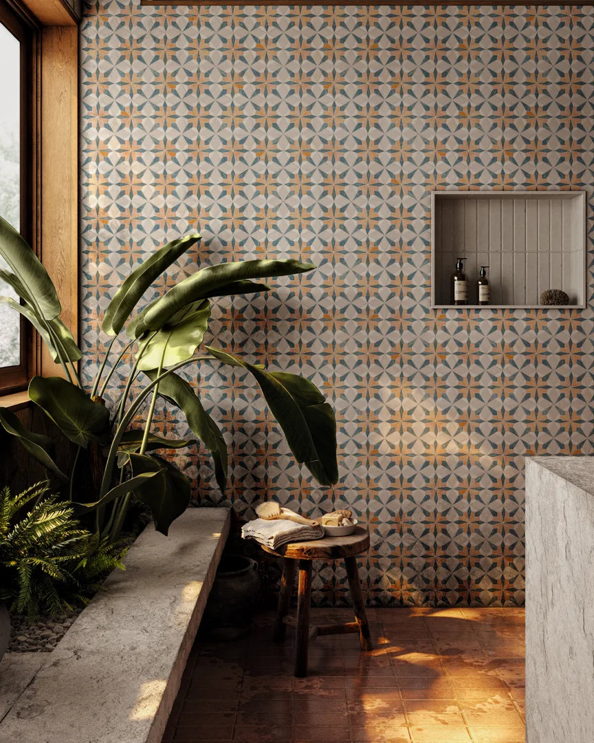 Sunset Orange/Terracotta and Teal Blue Flower Limestone Mosaic Tile - Florence Pattern