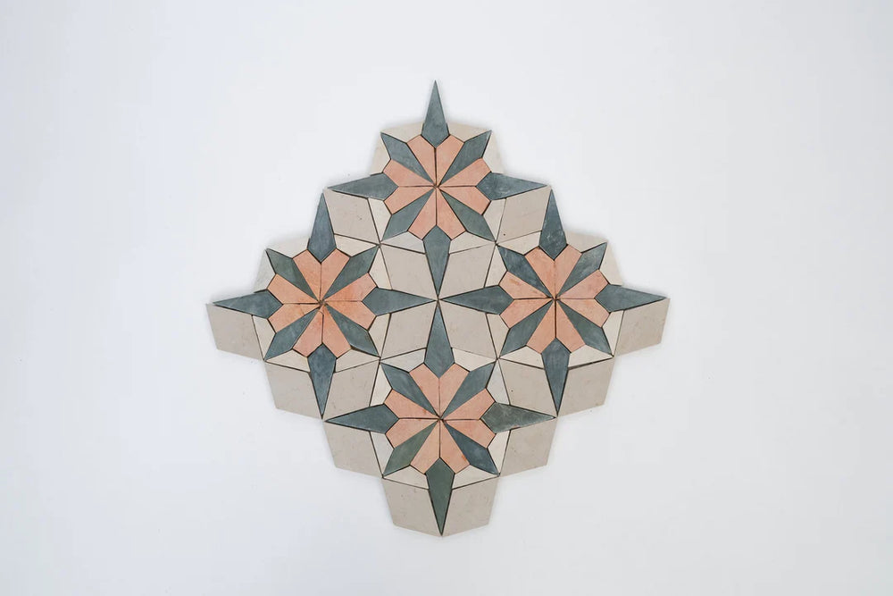 Sunset Orange/Terracotta and Teal Blue Flower Limestone Mosaic Tile - Florence Pattern
