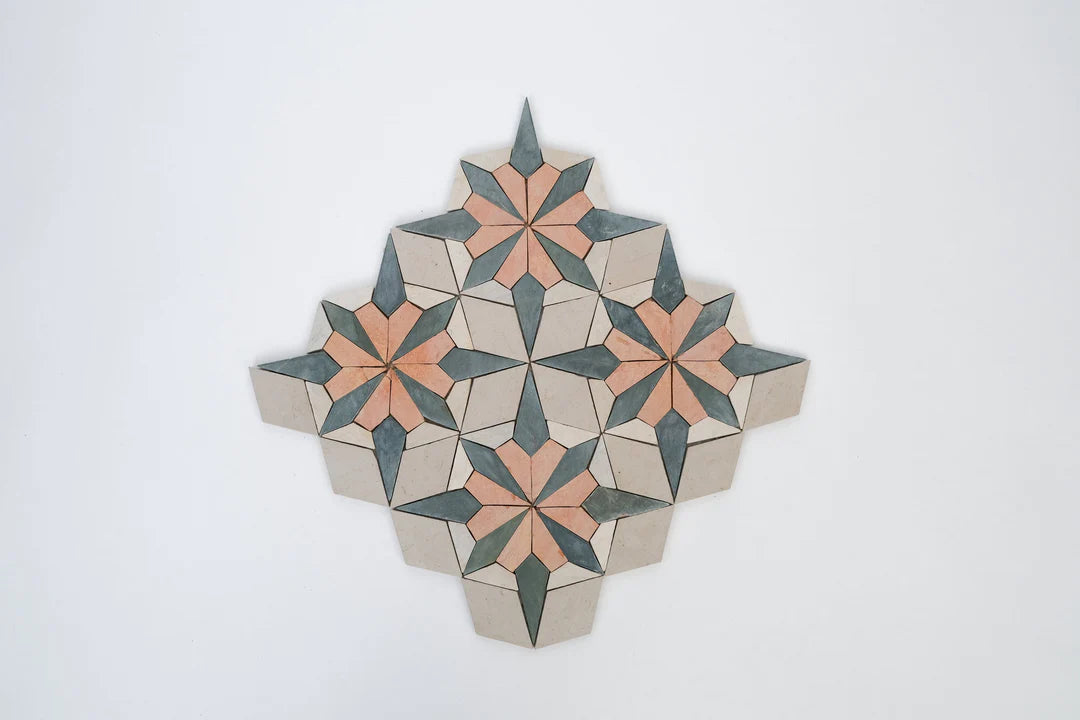 Sunset Orange/Terracotta and Teal Blue Flower Limestone Mosaic Tile - Florence Pattern