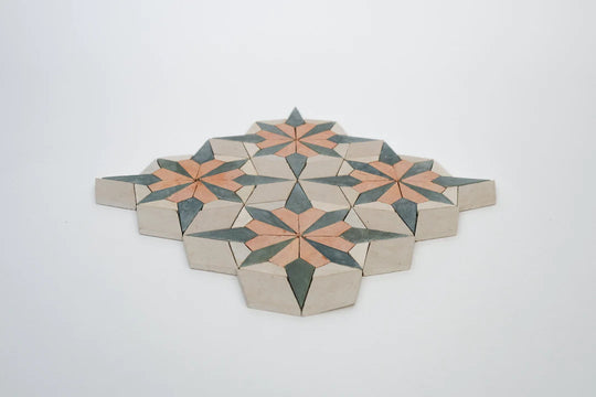 Sunset Orange/Terracotta and Teal Blue Flower Limestone Mosaic Tile - Florence Pattern