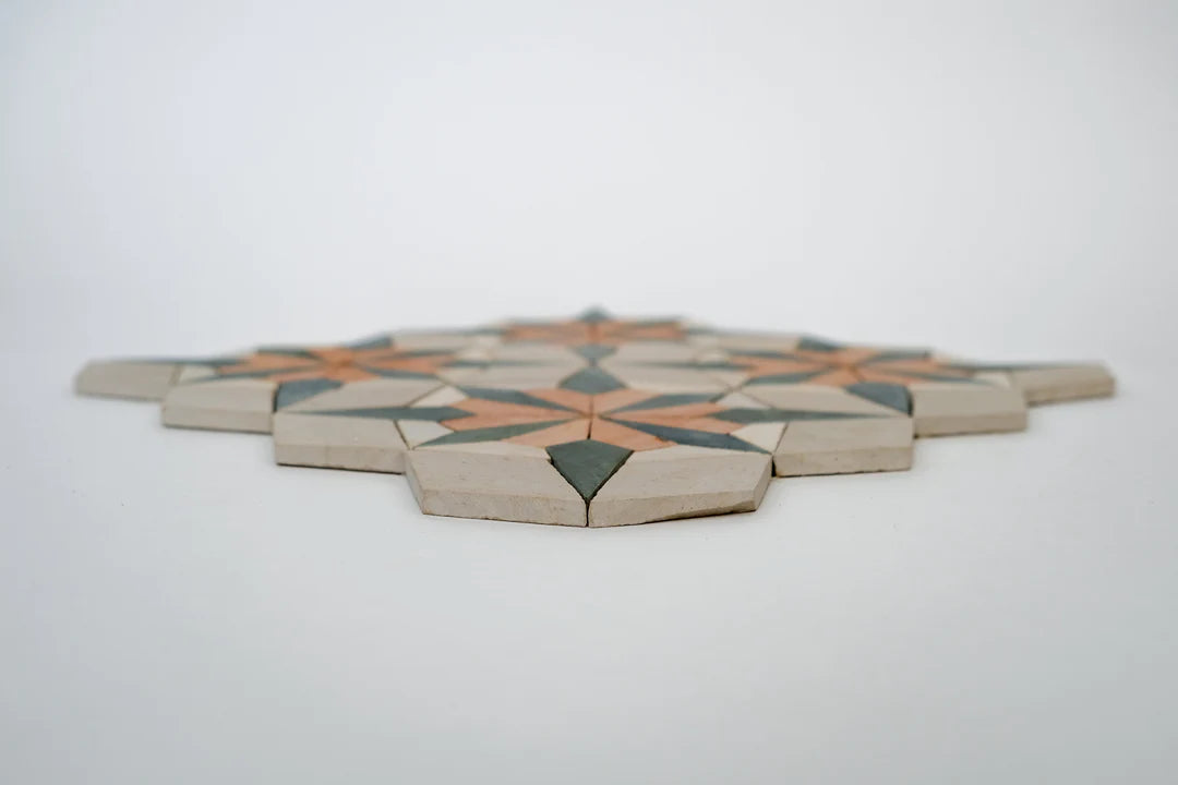 Sunset Orange/Terracotta and Teal Blue Flower Limestone Mosaic Tile - Florence Pattern