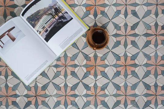 Sunset Orange/Terracotta and Teal Blue Flower Limestone Mosaic Tile - Florence Pattern