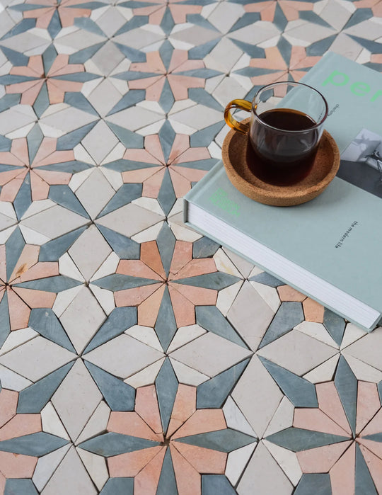 Sunset Orange/Terracotta and Teal Blue Flower Limestone Mosaic Tile - Florence Pattern