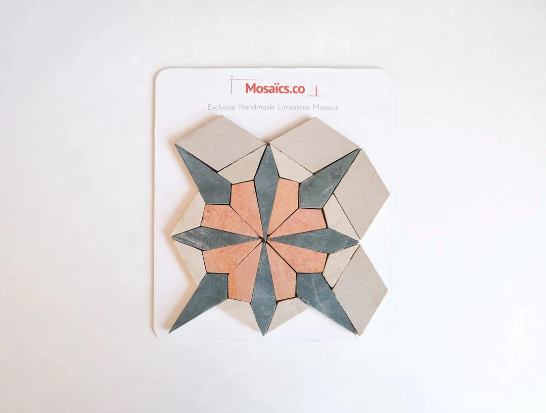 Sunset Orange/Terracotta and Teal Blue Flower Limestone Mosaic Tile - Florence Pattern