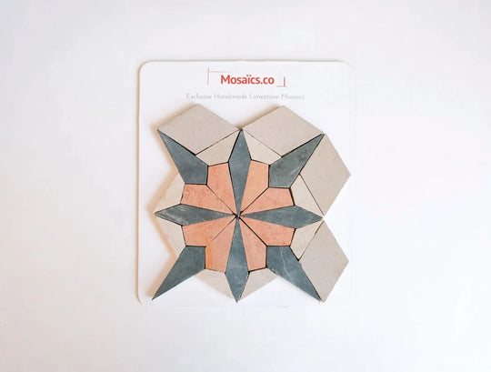 Sunset Orange/Terracotta and Teal Blue Flower Limestone Mosaic Tile - Florence Pattern