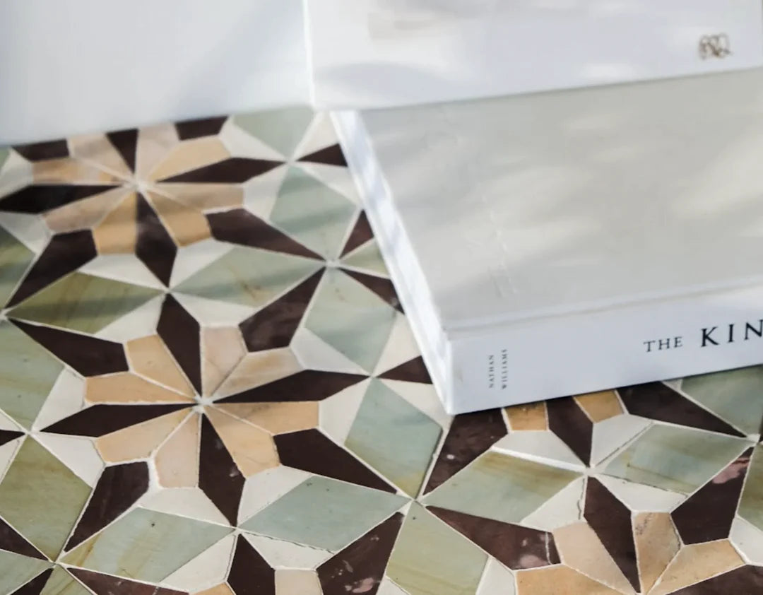 Sage Green & Burgundy Flower Limestone Mosaic Tile - Florence Pattern