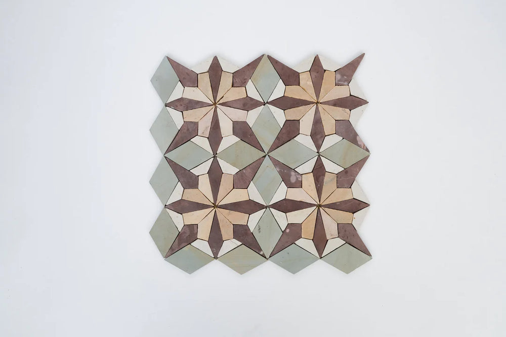 Sage Green & Burgundy Flower Limestone Mosaic Tile - Florence Pattern