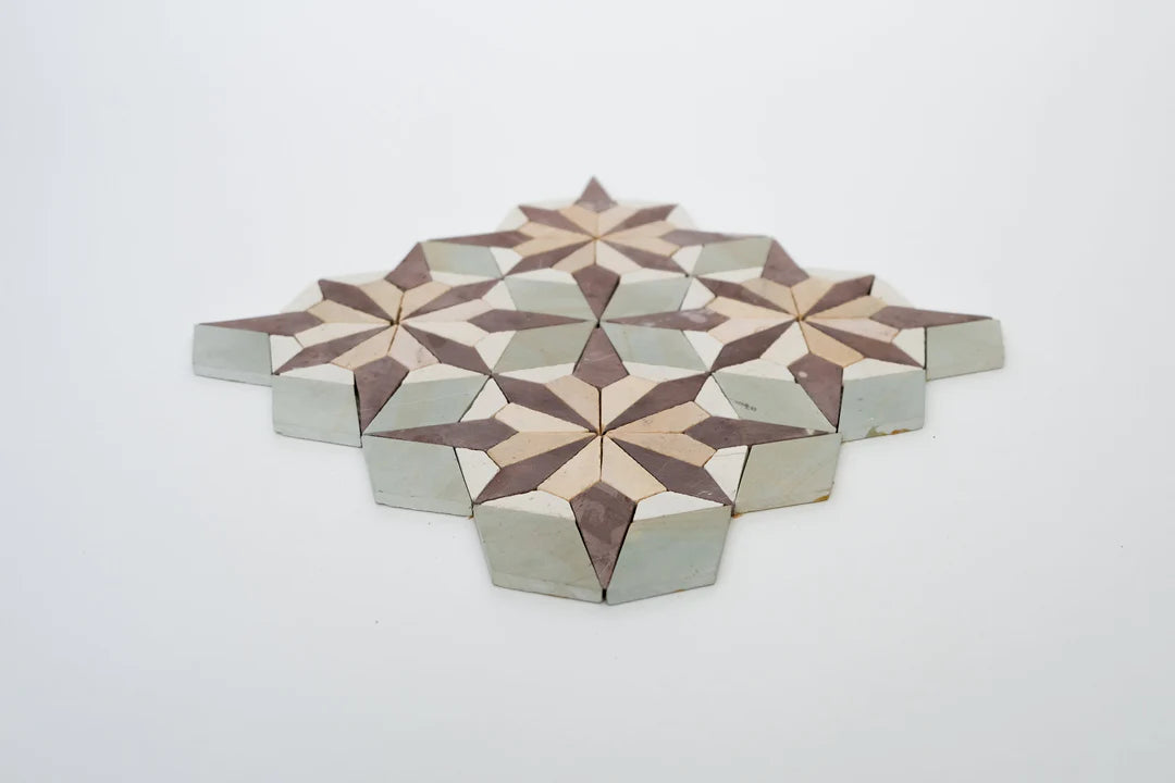 Sage Green & Burgundy Flower Limestone Mosaic Tile - Florence Pattern
