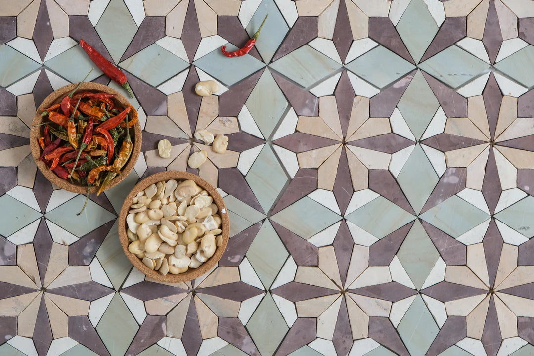 Sage Green & Burgundy Flower Limestone Mosaic Tile - Florence Pattern
