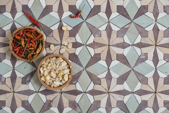 Sage Green & Burgundy Flower Limestone Mosaic Tile - Florence Pattern