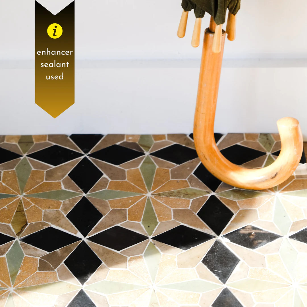 Raven Black & Sand Yellow Flower Limestone Mosaic Tile - Florence Pattern
