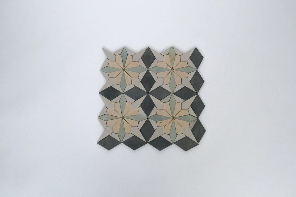 Raven Black & Sand Yellow Flower Limestone Mosaic Tile - Florence Pattern
