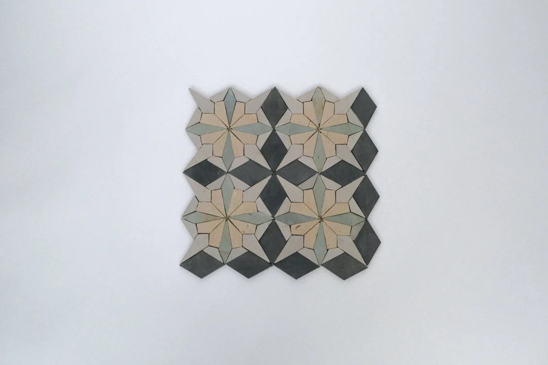 Raven Black & Sand Yellow Flower Limestone Mosaic Tile - Florence Pattern
