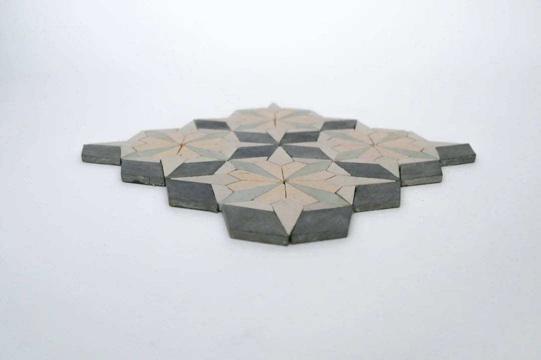 Raven Black & Sand Yellow Flower Limestone Mosaic Tile - Florence Pattern