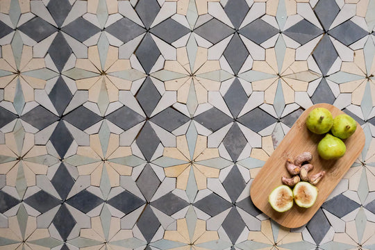 Raven Black & Sand Yellow Flower Limestone Mosaic Tile - Florence Pattern