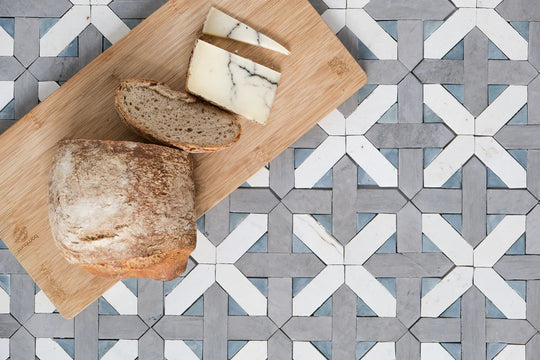 gray and white mosaic tile