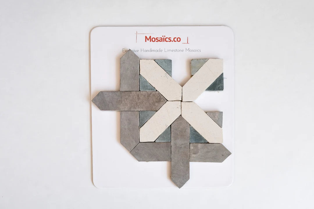 Antique Gray & Ivory White Cross Limestone Mosaic Tile - London Pattern