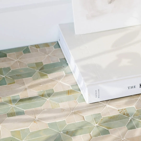 Sage Green & Shadow White Limestone Mosaic Tile - New York Pattern